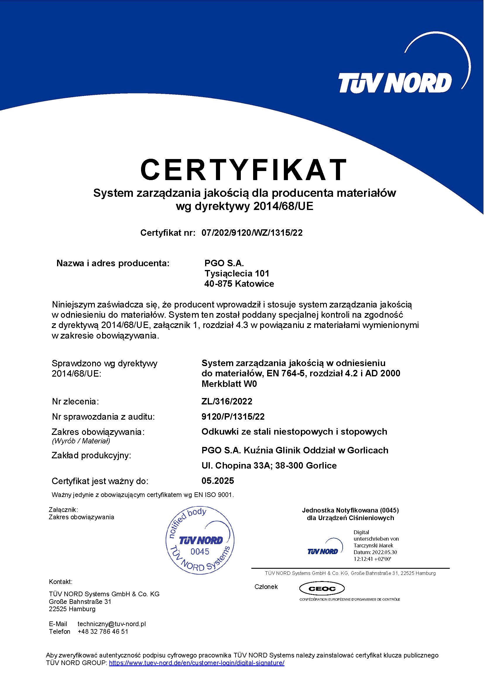 Certyfikat - System zarządzania jakości dla producenta materiałów wg dyrektywy 2014/68/UE