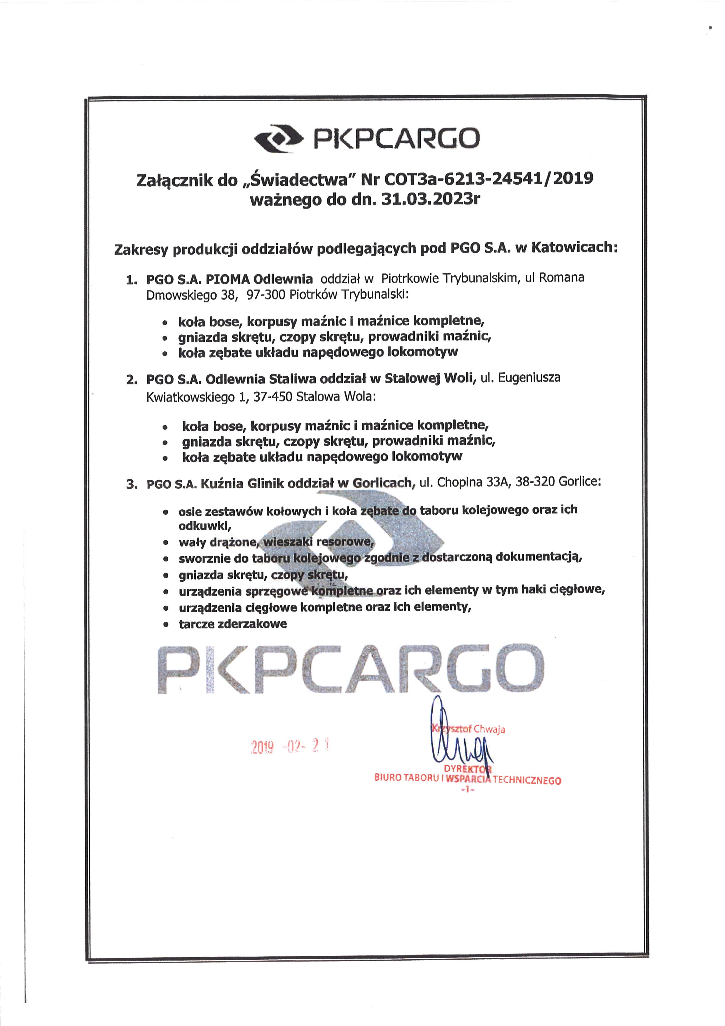 Certyfikat uznania PKP Cargo 2