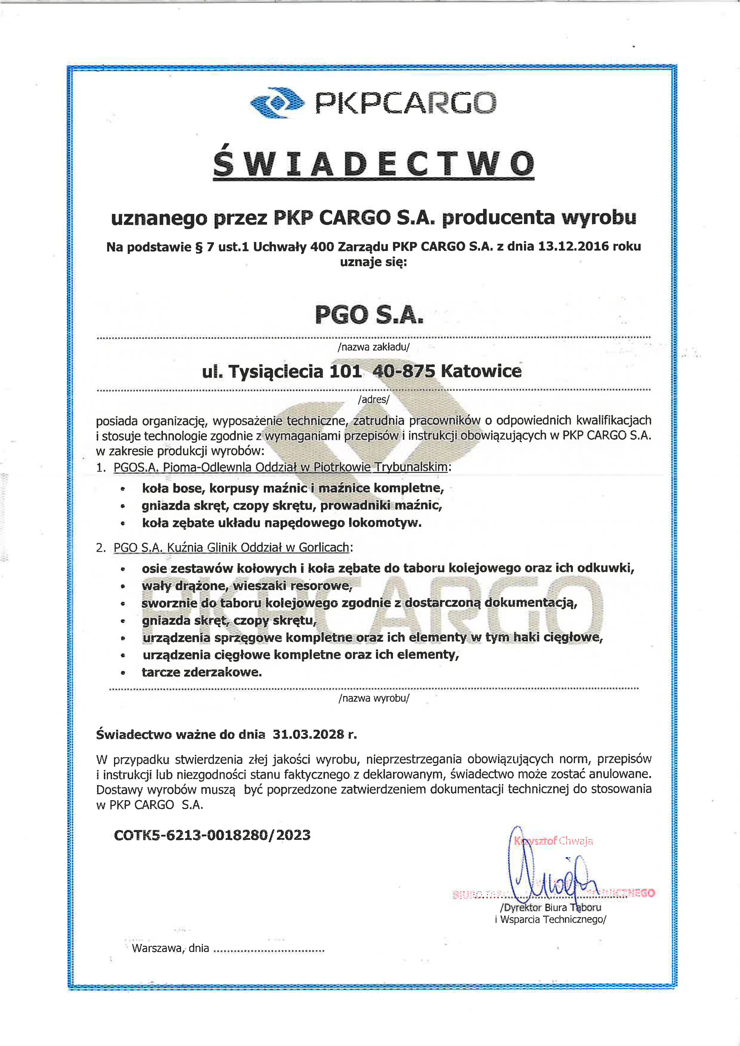 Certyfikat uznania PKP Cargo 1