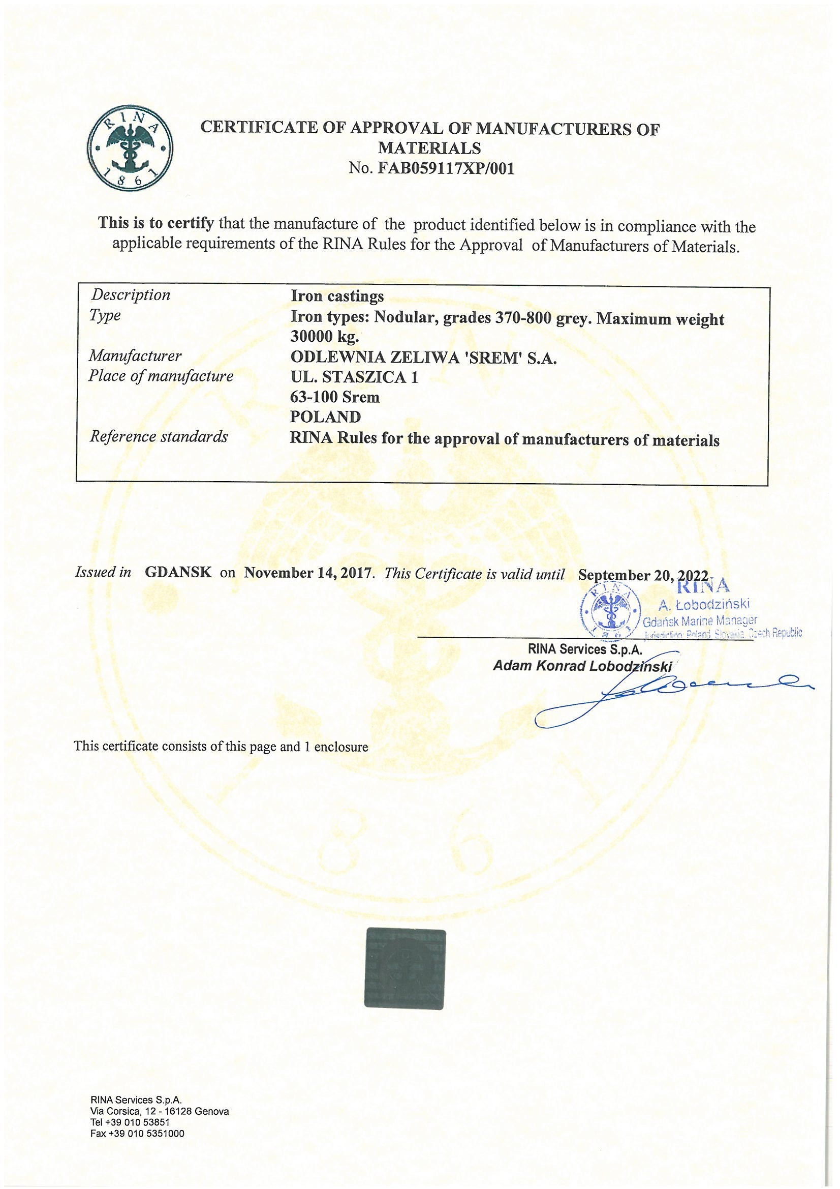 Certificate of Approval of Manufacturers of Materials