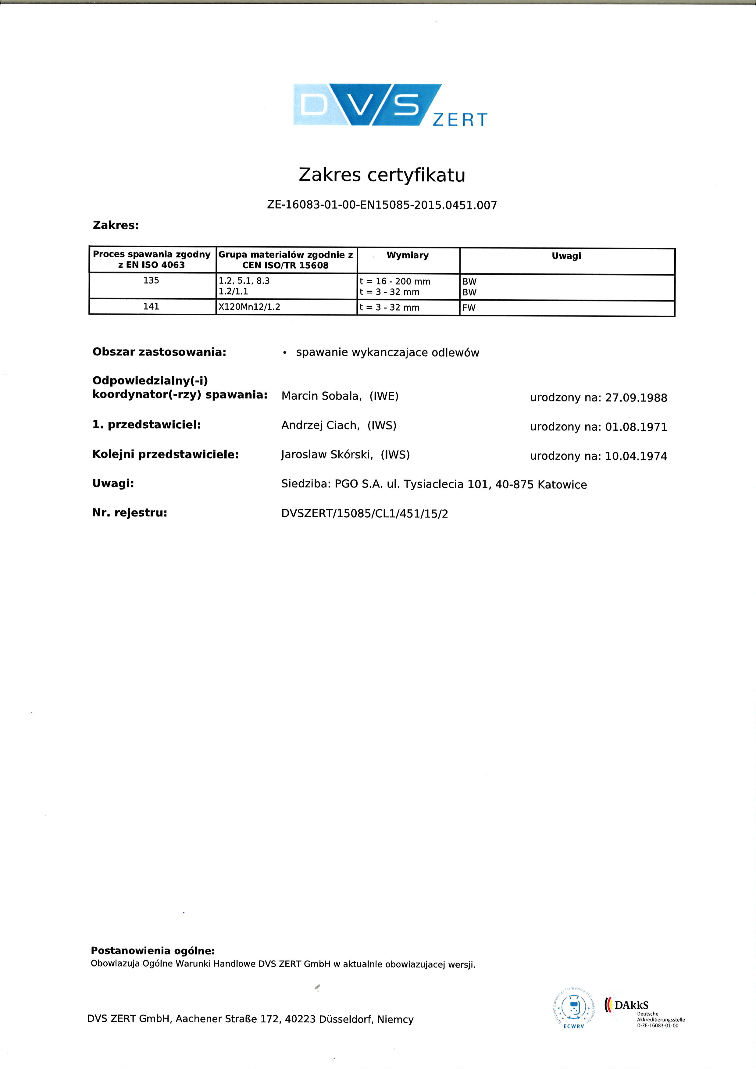 DVS certyfikat 15085-2 CL1 zakres