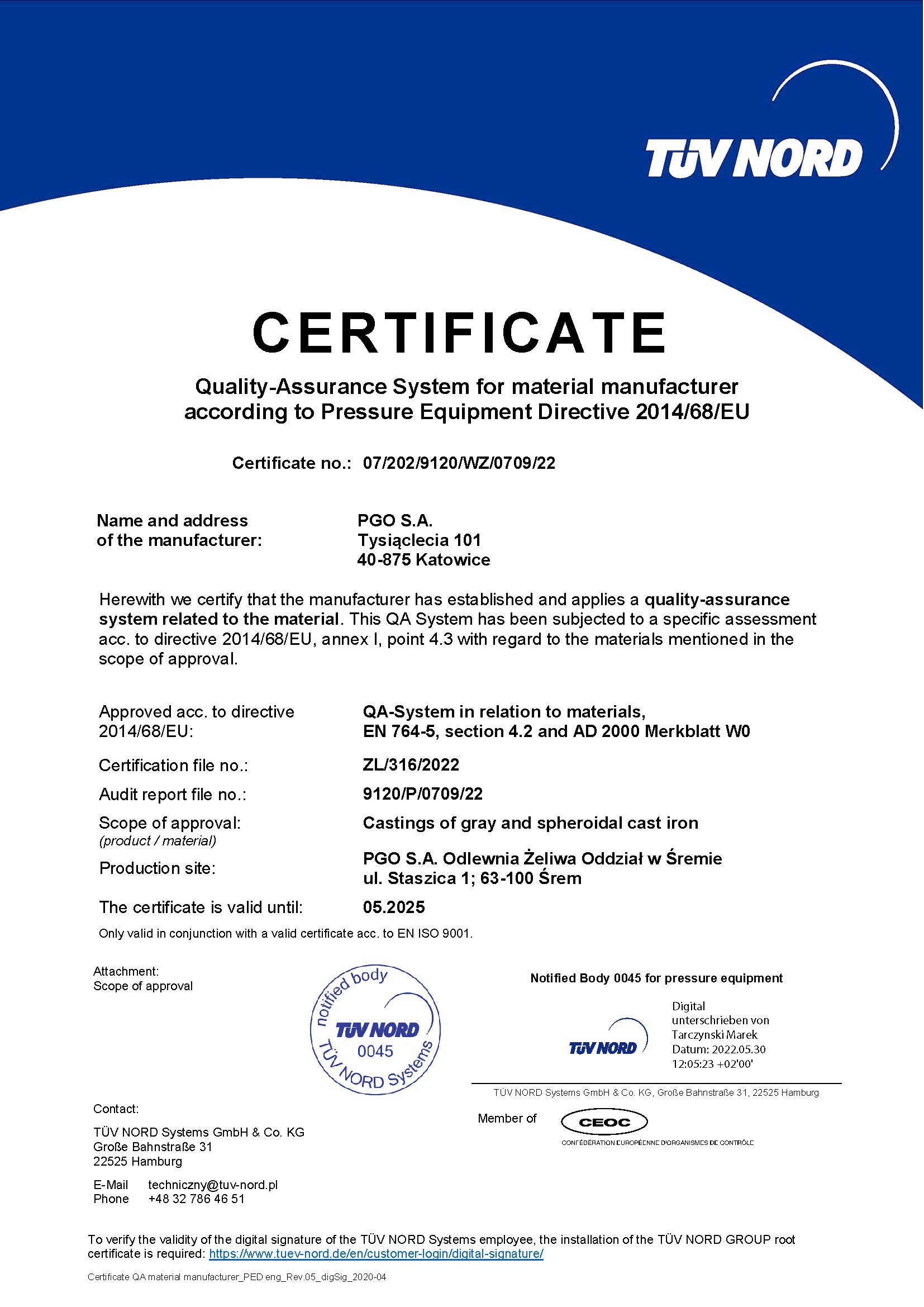 Certyfikat TUV - System Zapewnienia Jakości Producenta Materiałów