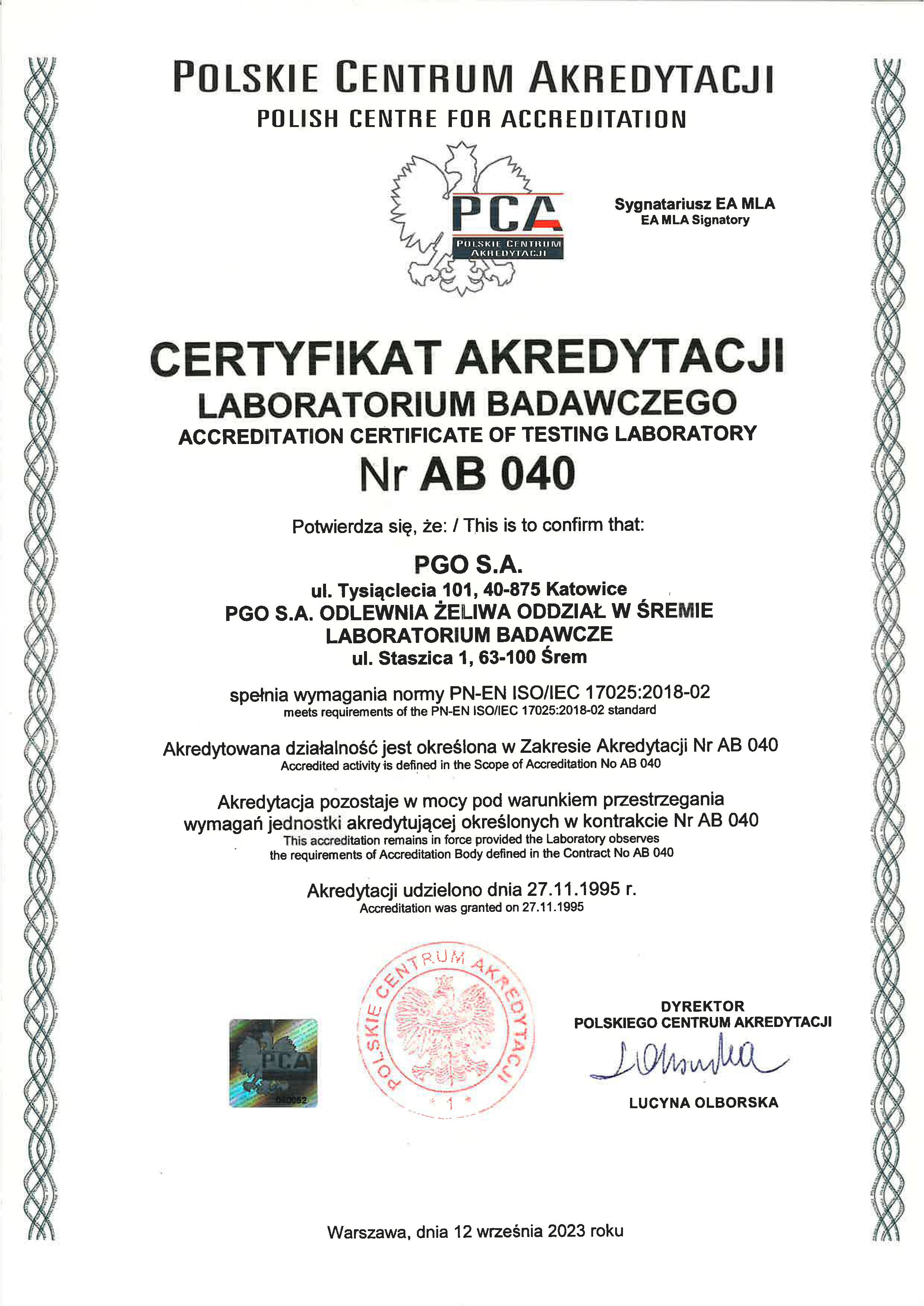 Certyfikat Akredytacji Laboratorium Badawczego Nr AB 040