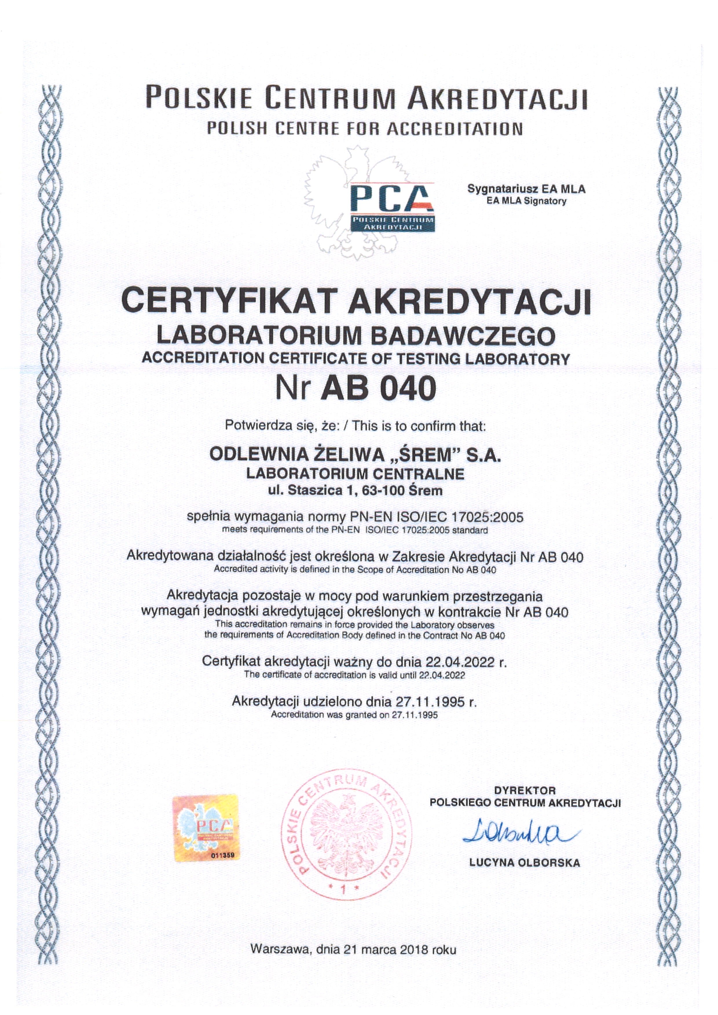 Certyfikat Akredytacji Laboratorium Badawczego Nr AB 040