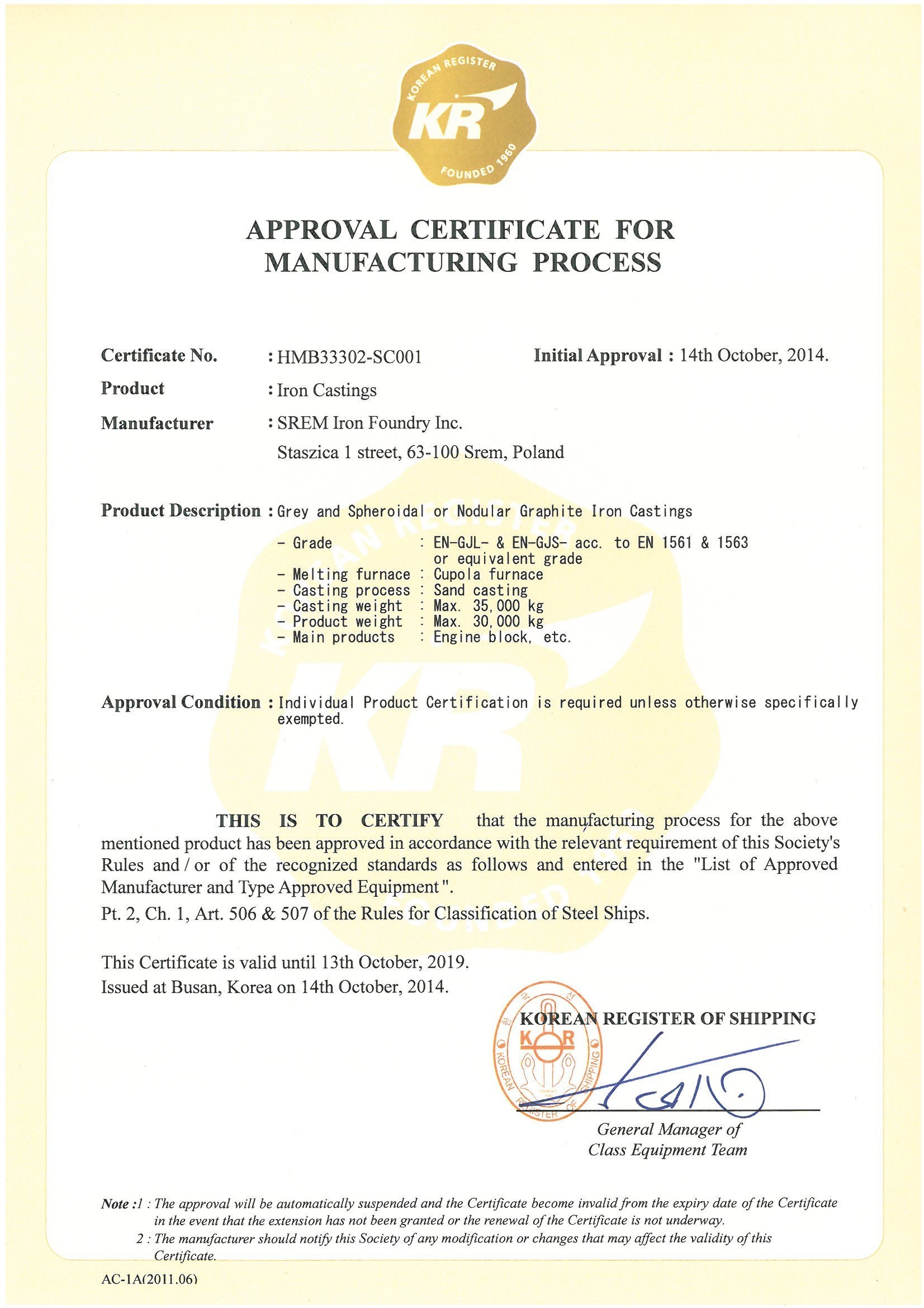 Approval Certificate for Manufacturing Process