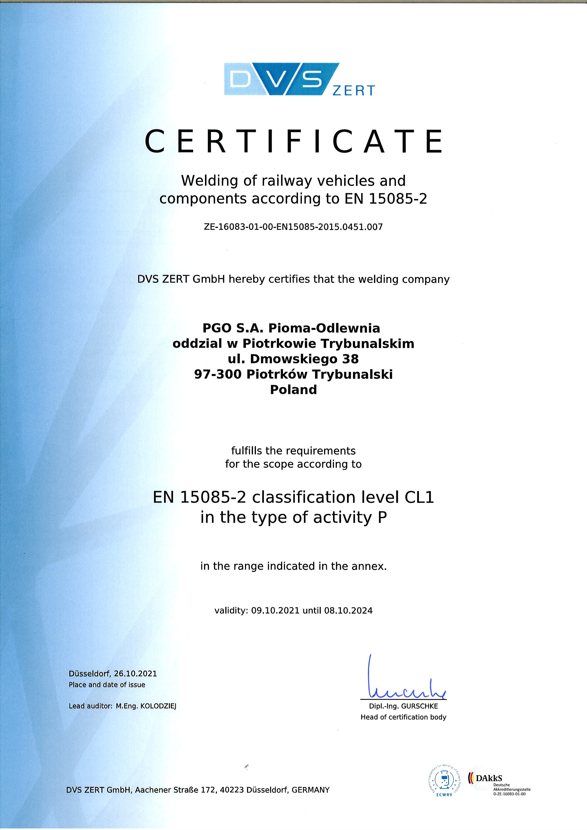 DVS certificate 15085-2 CL1