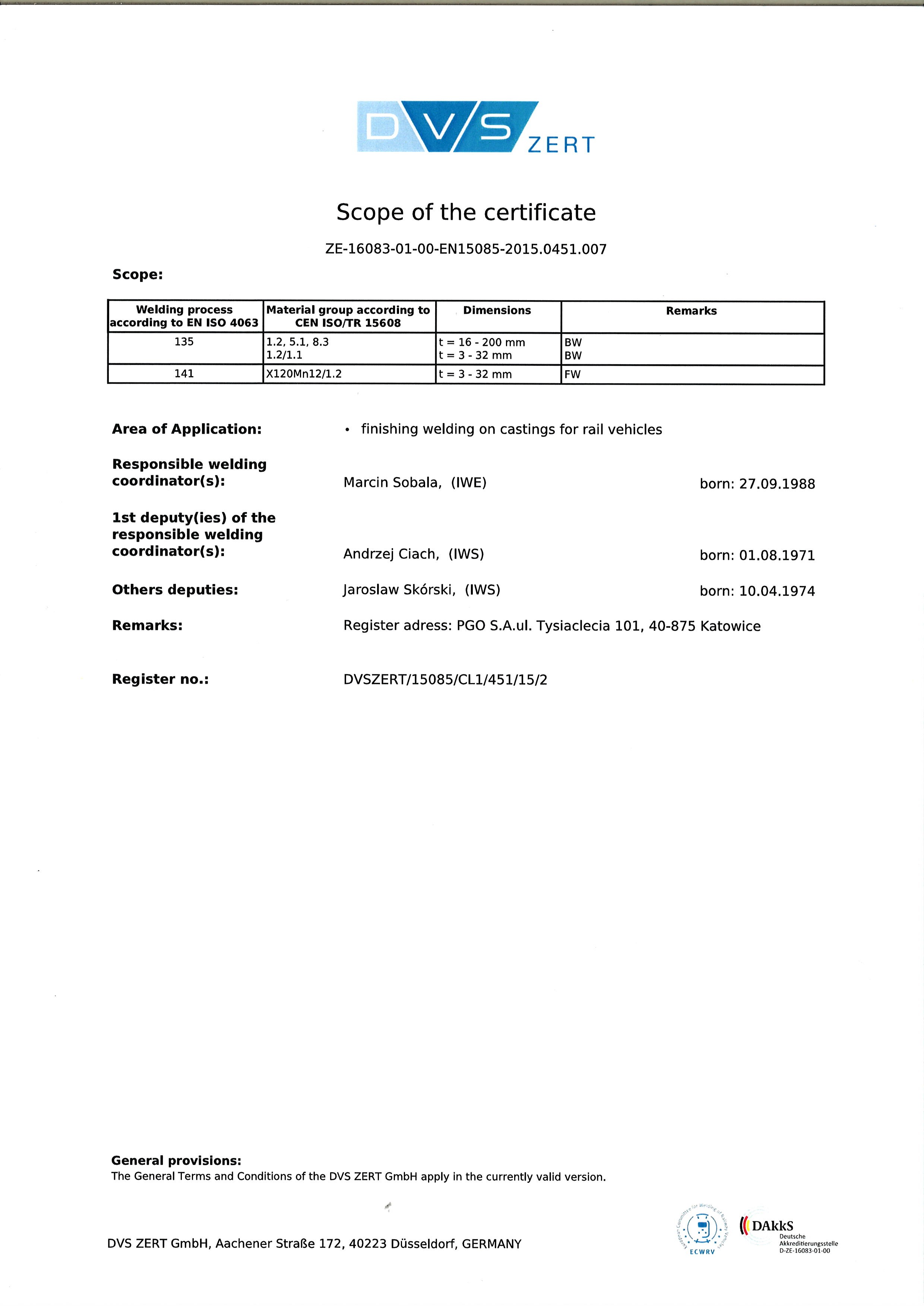 DVS certificate 15085-2 CL1 scope