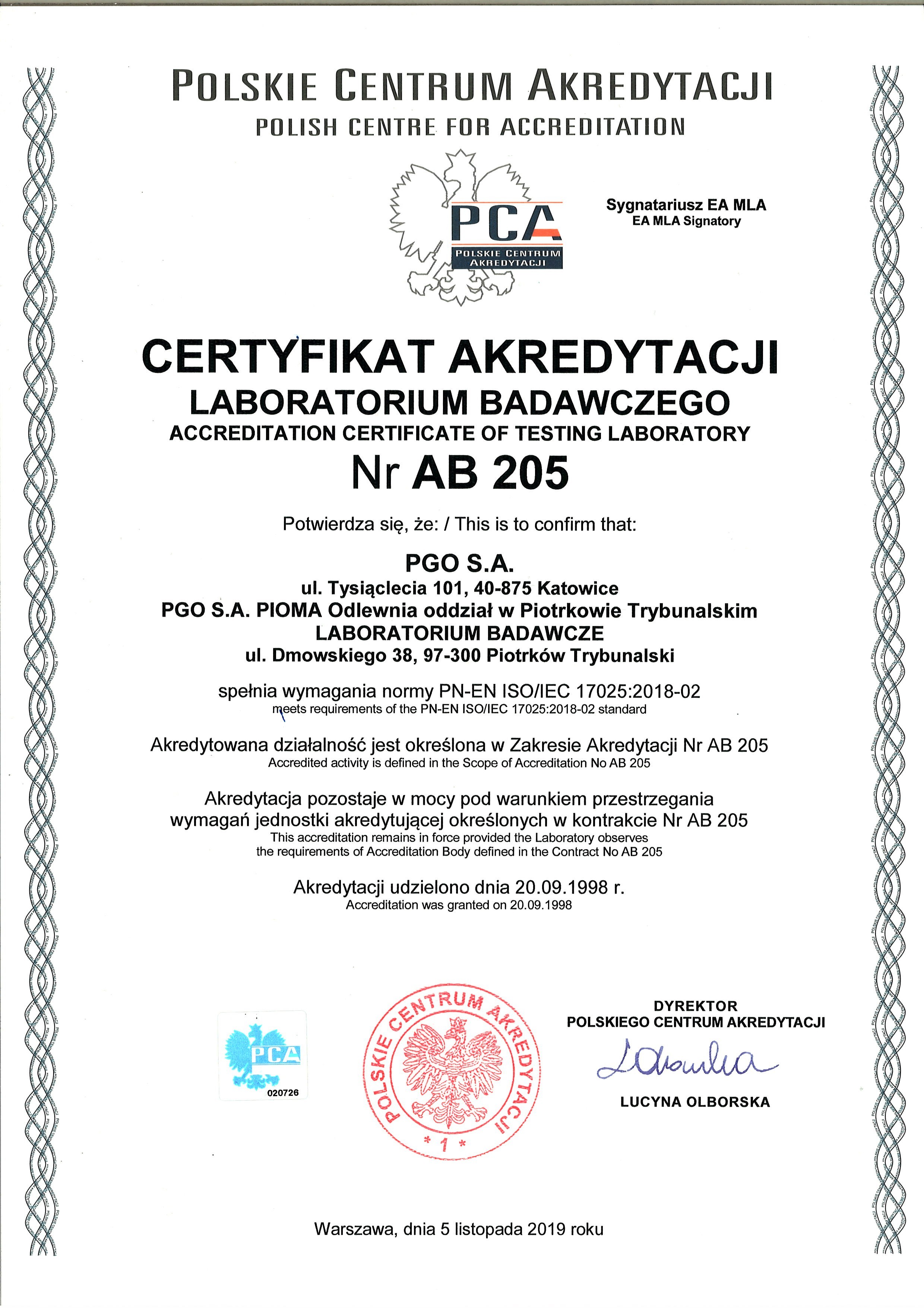 Certyfikat Akredytacji Laboratorium Badawczego