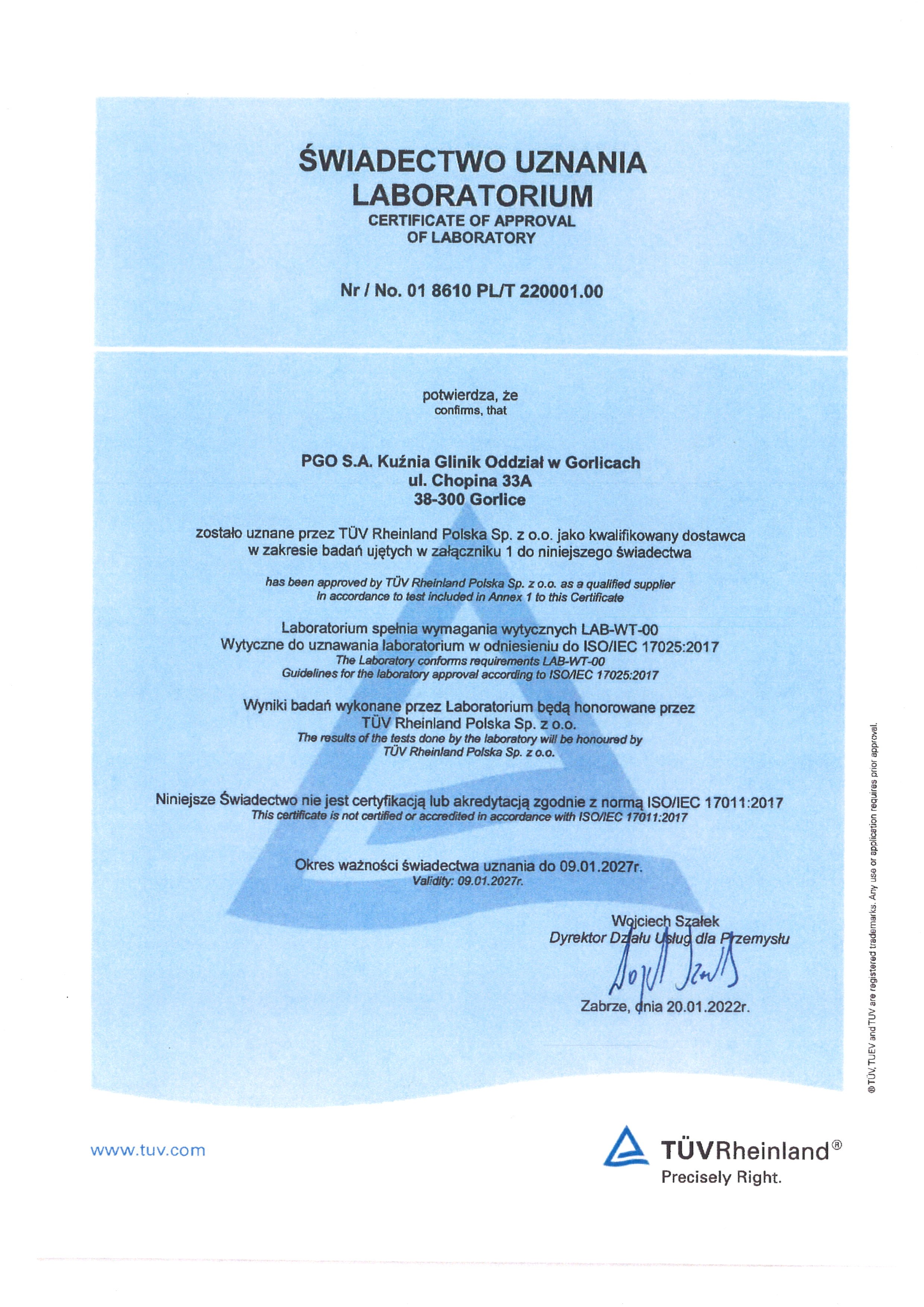 Świadectwo uznania laboratorium TUV ISO/IEC 17025:2017