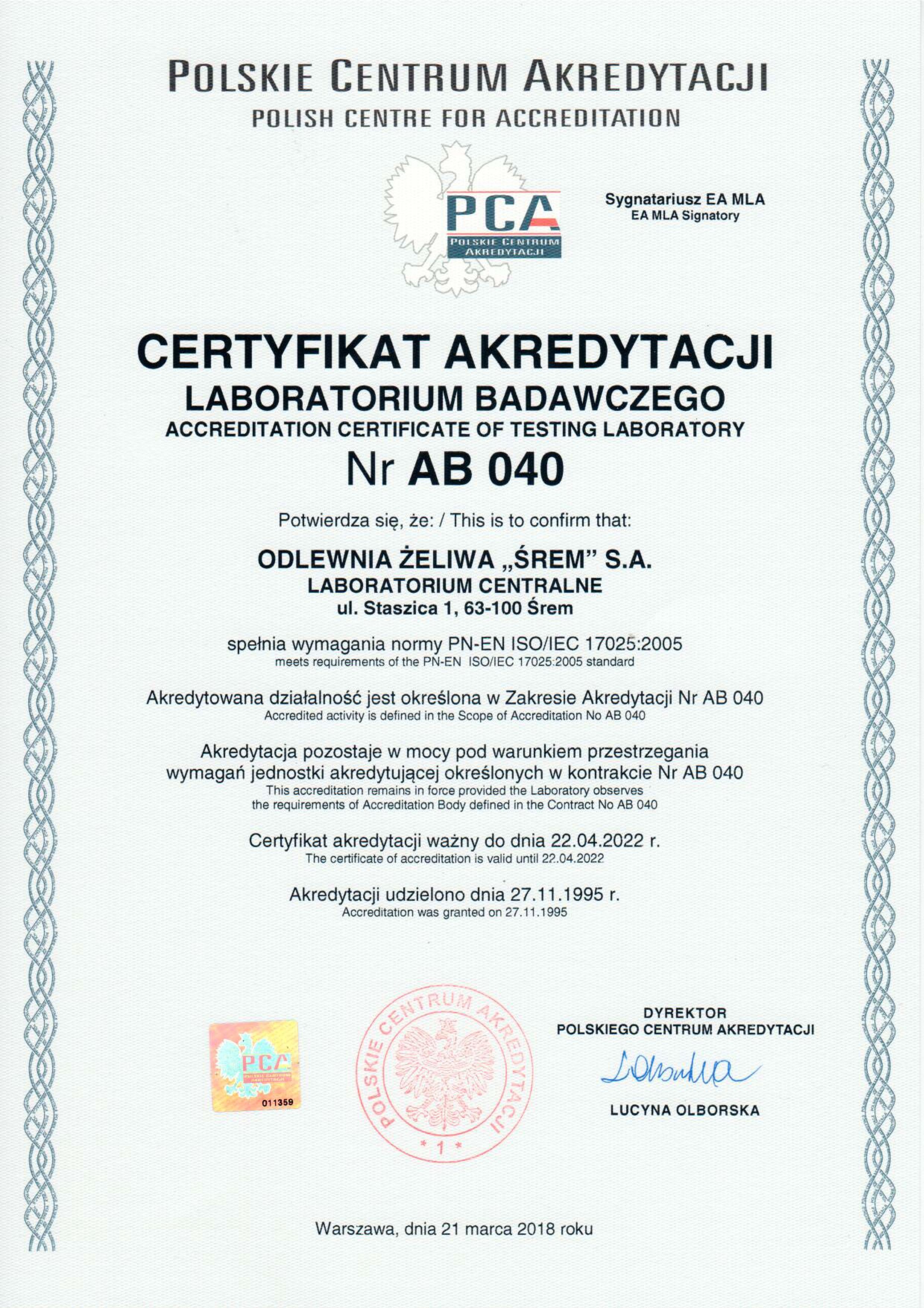 Certyfikat akredytacji PCA