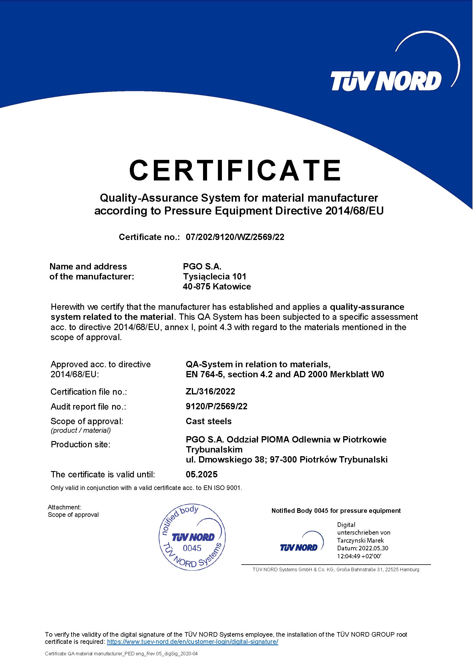 Certificate Quality-Assurance System for material manufacturer according to Pressure Equipment Directive 2014