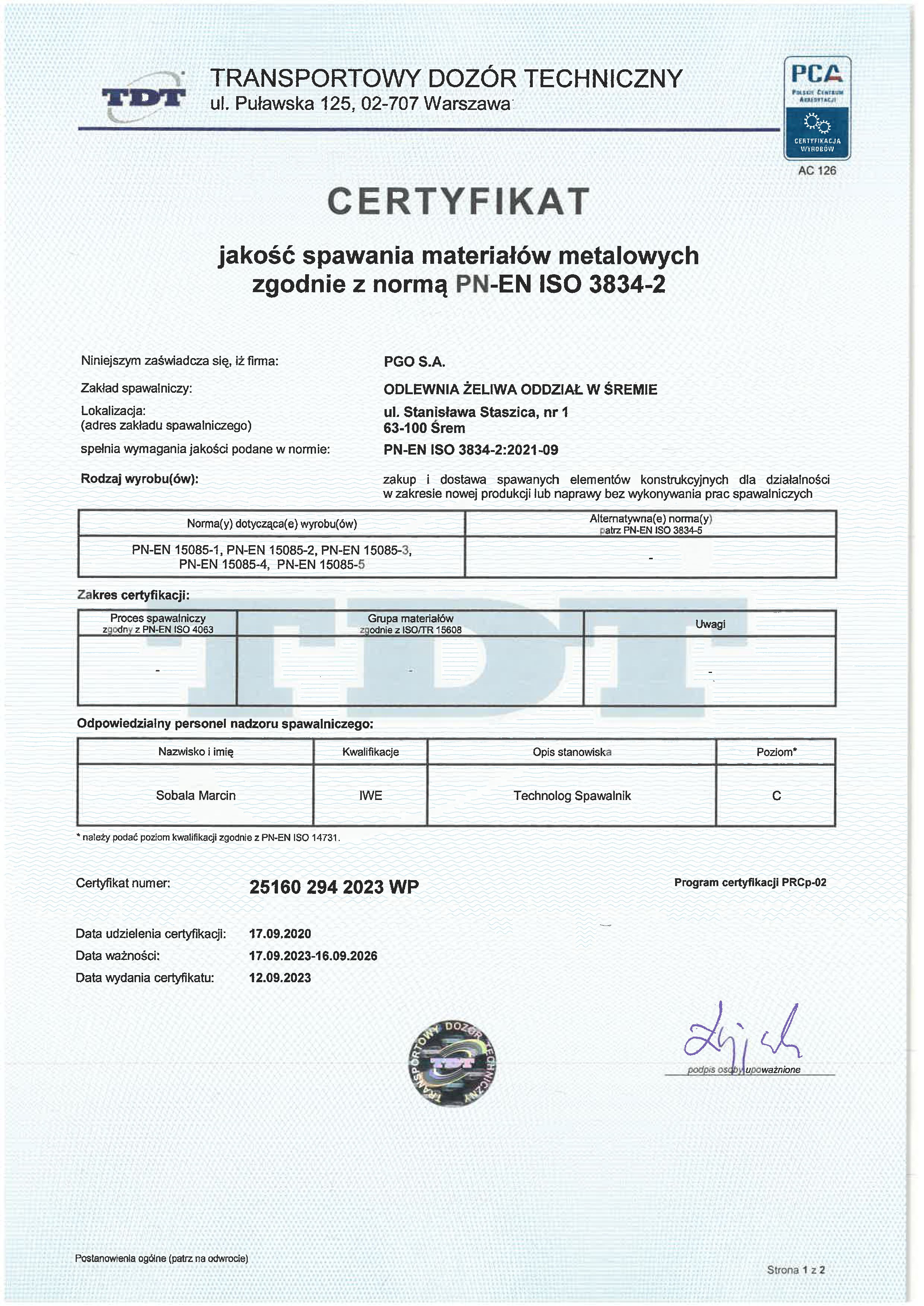 TDT Certyfikat 3834