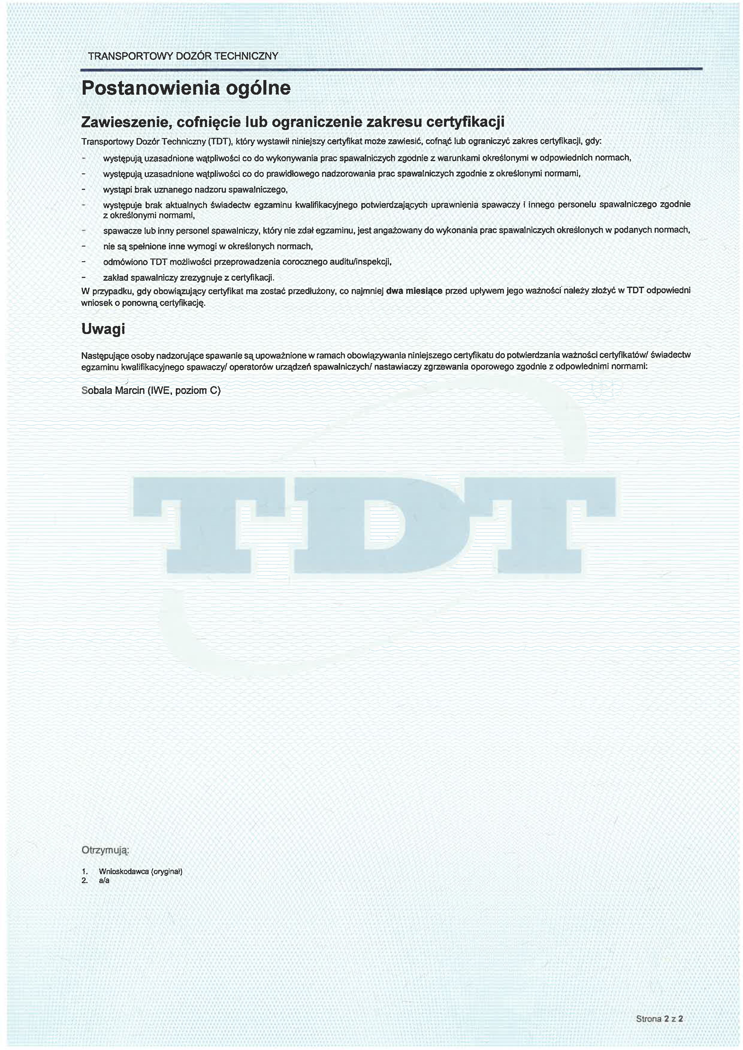 TDT Certyfikat 3834 2