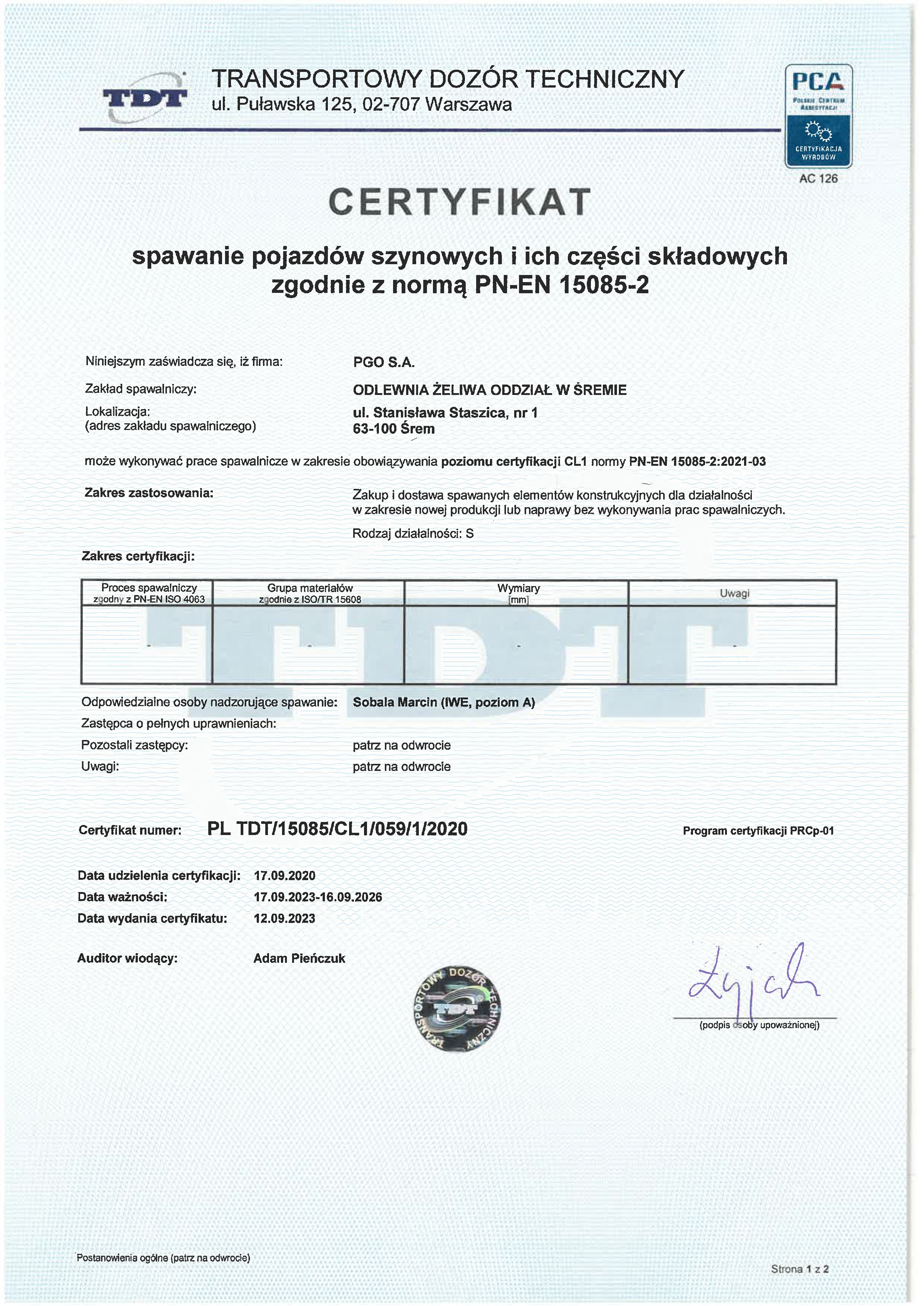 TDT Certyfikat 15085