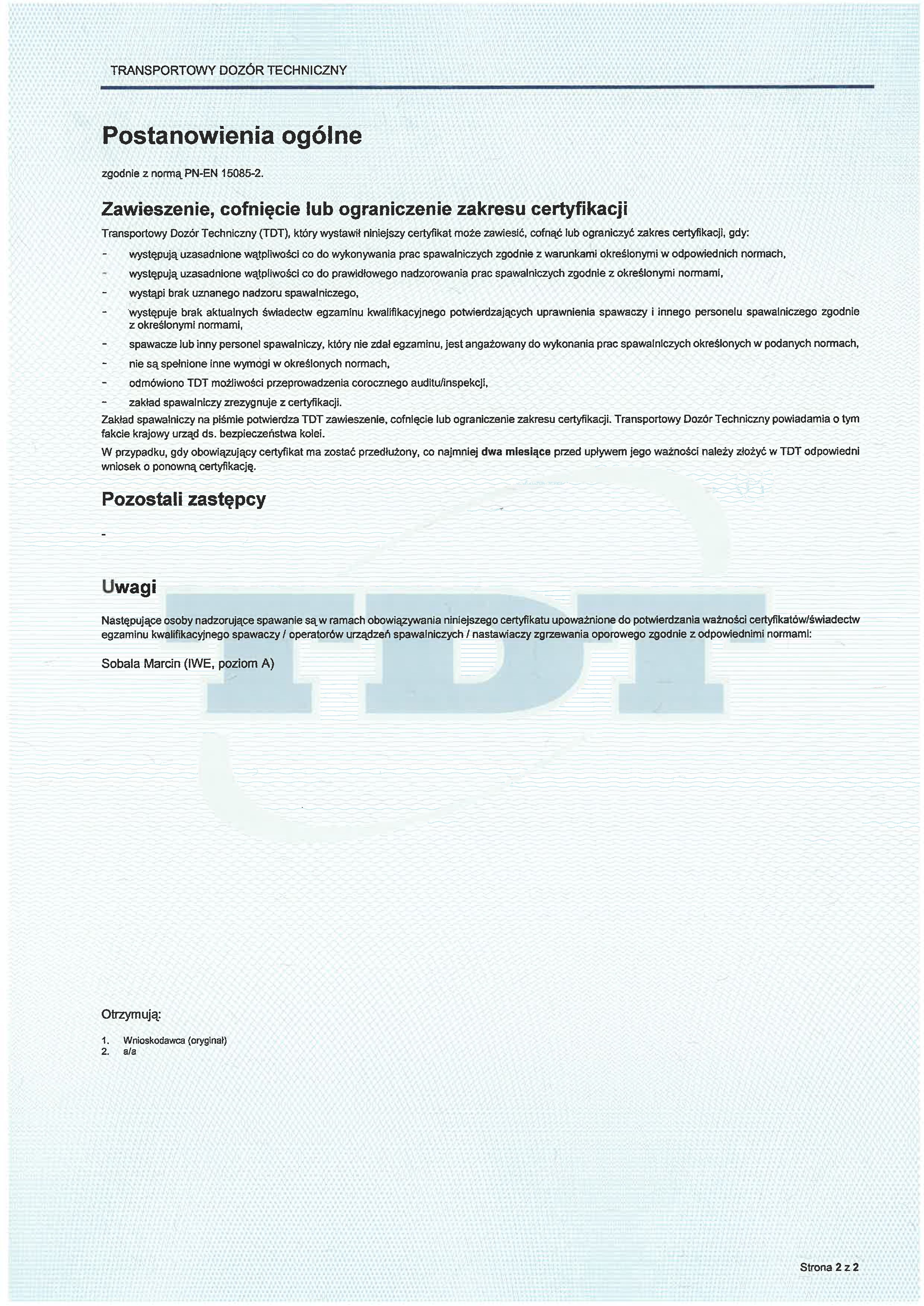 TDT Certificate 15085